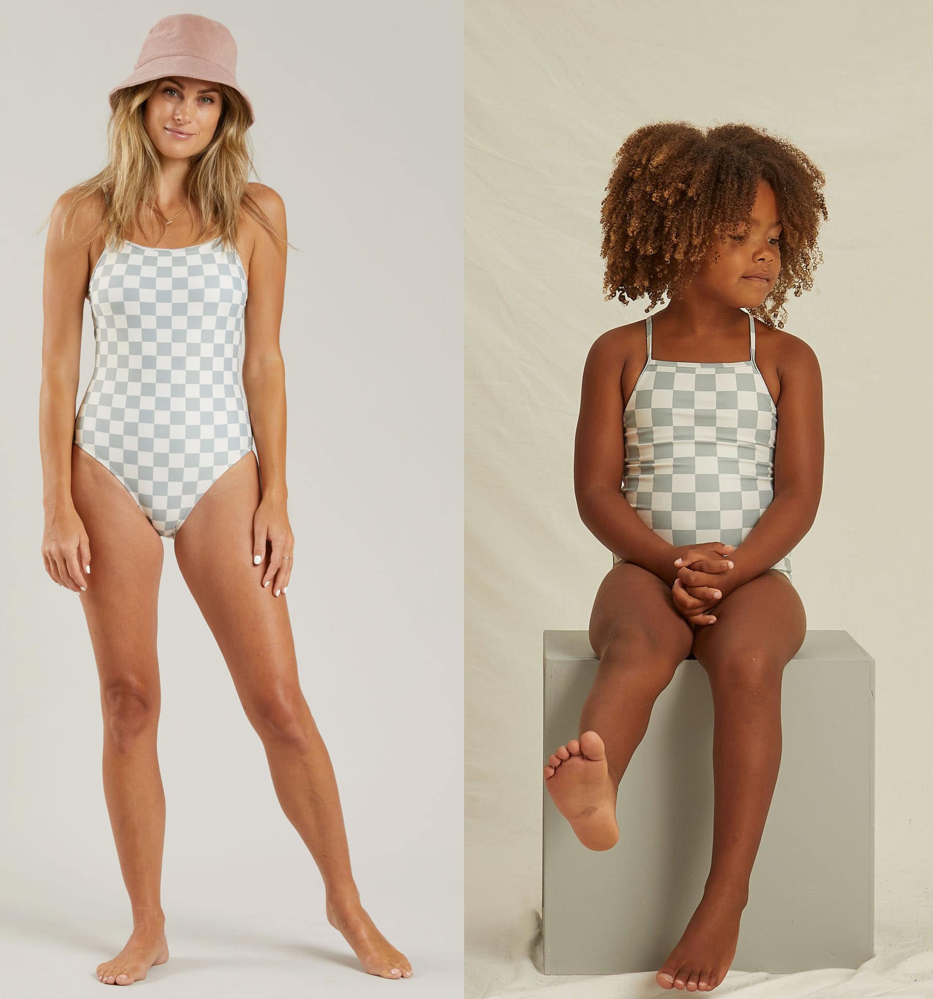 Square-Neck One-Piece Light Blue Check Swimsuit; matching Sky One-Piece Swimsuit