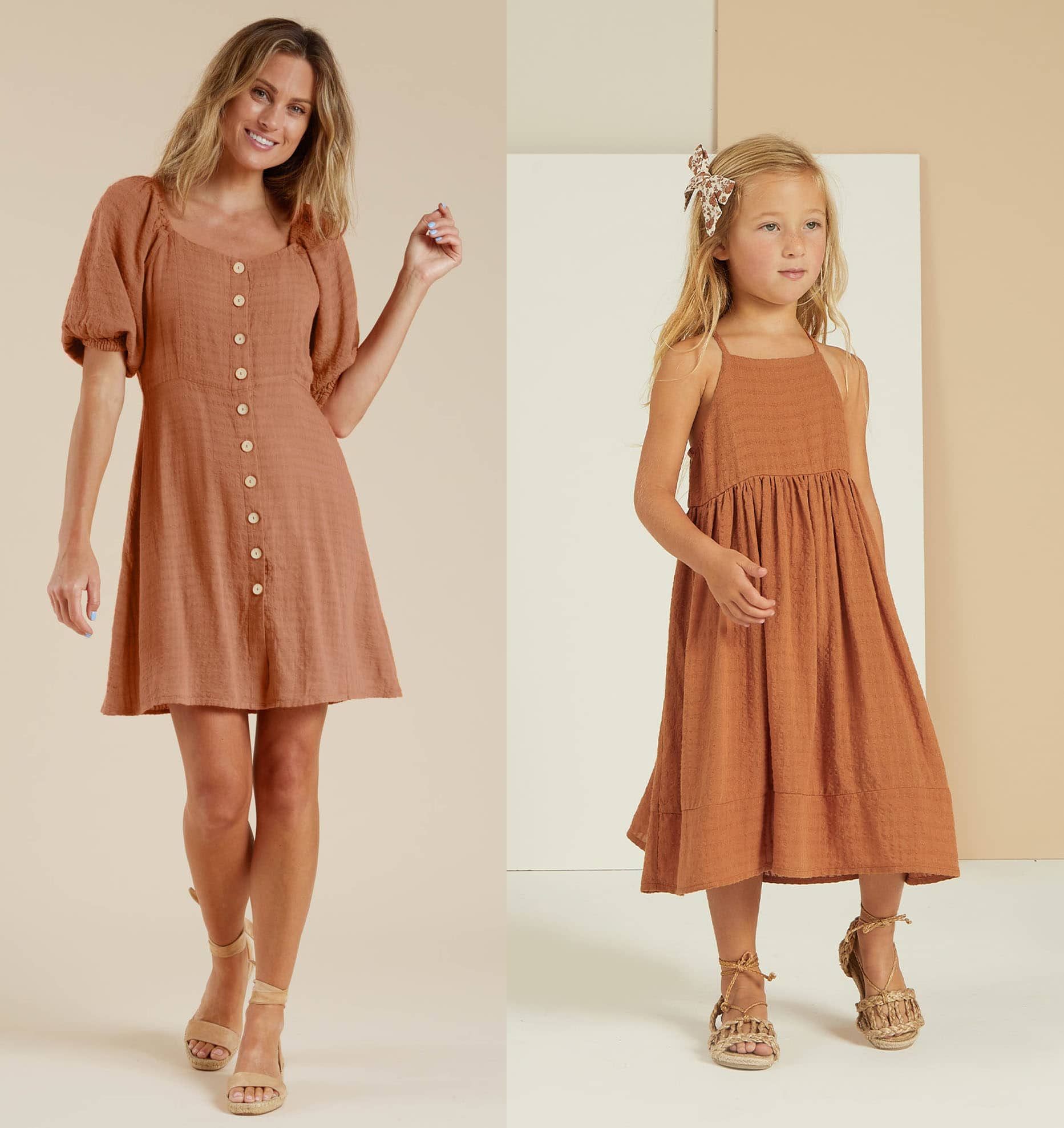 Bardot Dress in Terracotta; Ava Dress for Girls