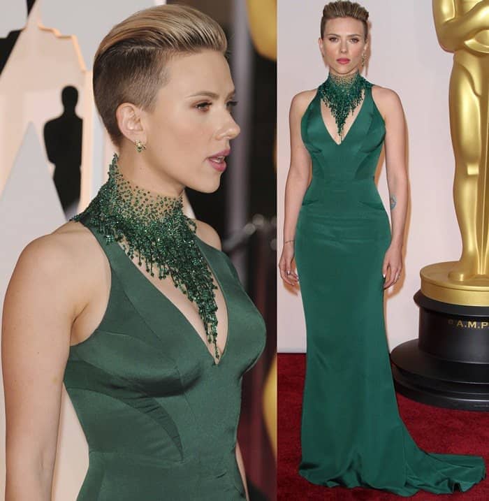 Scarlett Johansson stuns in an emerald green Atelier Versace gown, a highlight of the 2015 Academy Awards, Hollywood's Dolby Theatre, February 2015