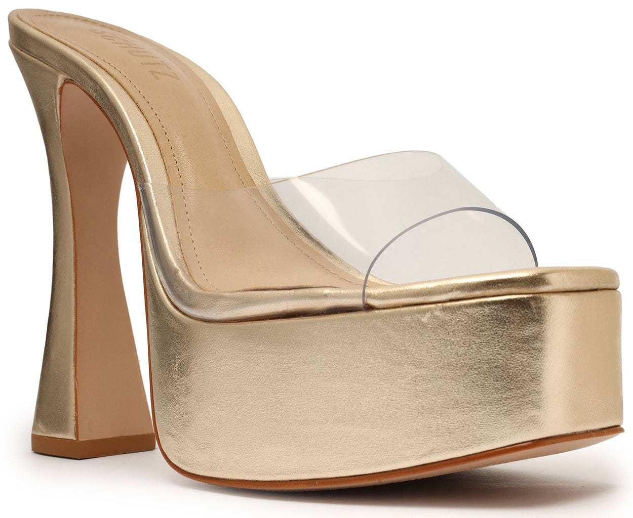 These Schutz mules have a clear vinyl strap and chunky metallic gold platforms and heels