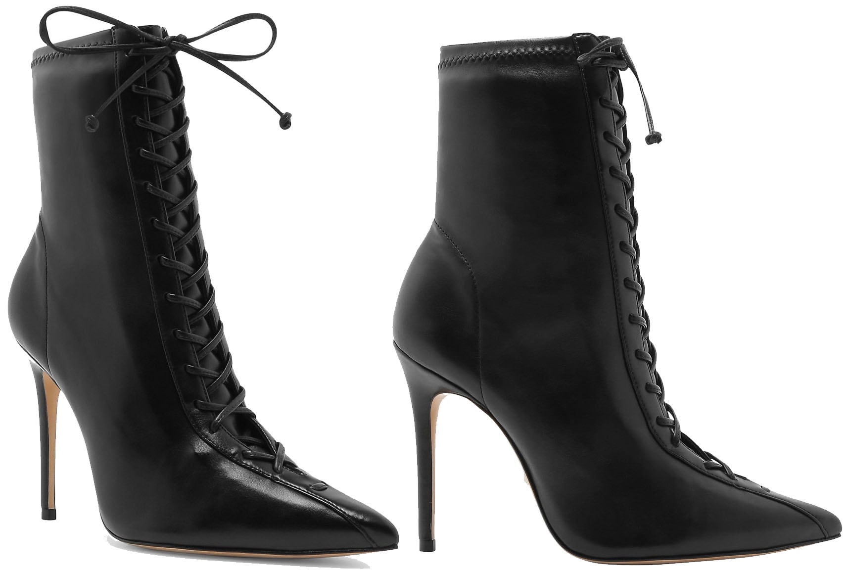 The Tennie boots feature a corset-like lace-up design with pointed toes and stiletto heels
