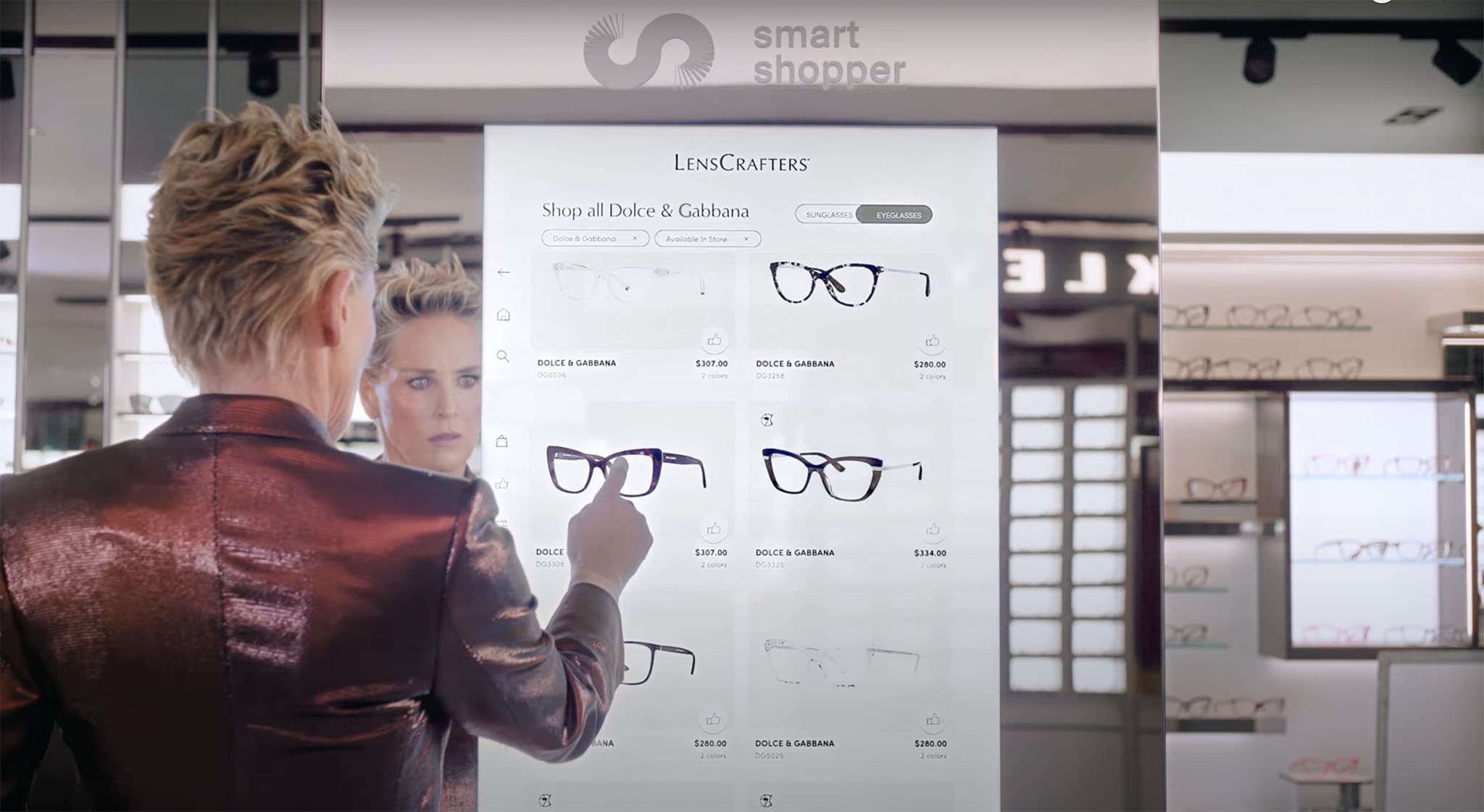 Sharon Stone selecting the perfect pair of glasses for her in the new Lenscrafters commercial