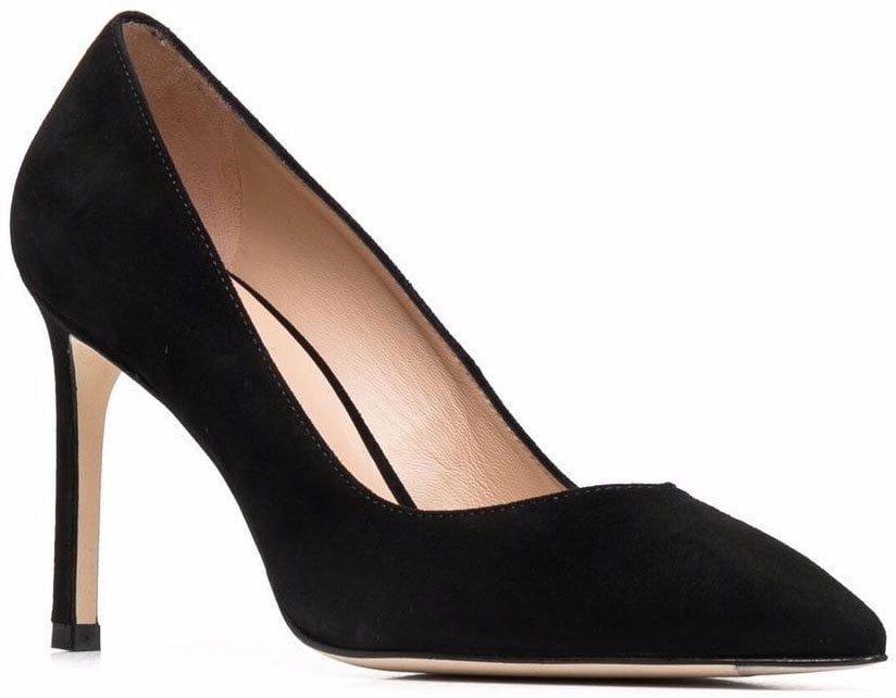 A pair of classic black pumps from Stuart Weitzman made of suede with pointed toes and stiletto heels