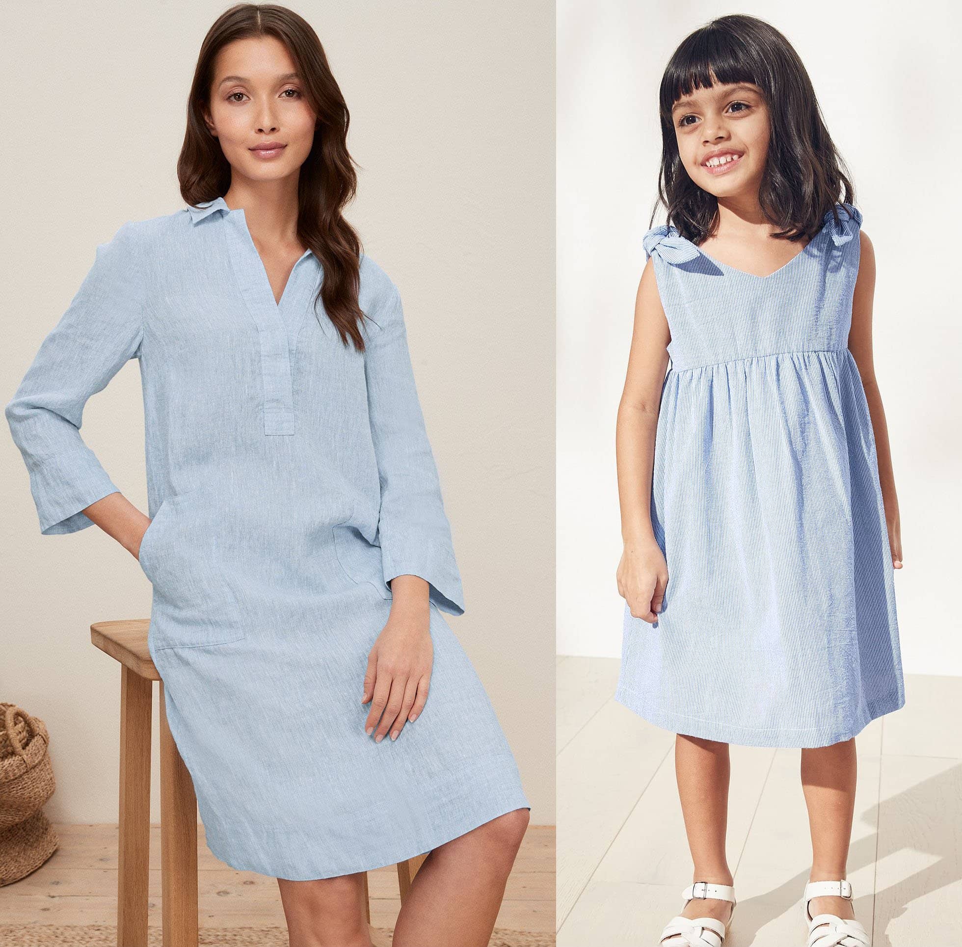 Linen Shirt Dress in denim blue; Tie-Shoulder dress in blue stripe