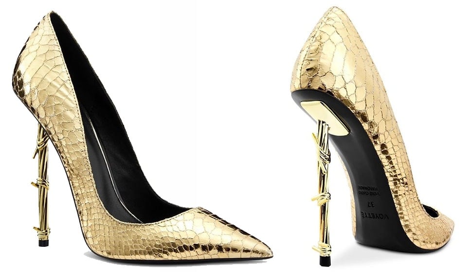 These pumps are crafted from metallic gold faux snake and feature a barbed wire heel