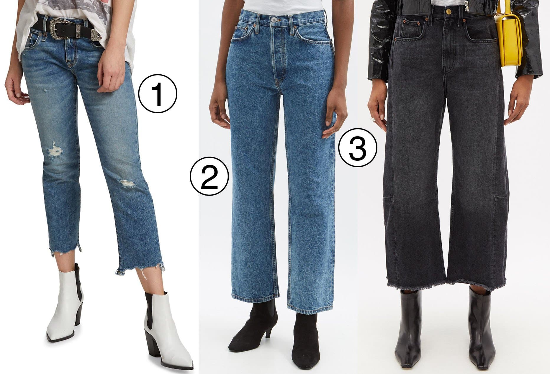1. R13 Boy Straight Mid-Rise Distressed Stretch Crop Jeans; 2. Re/Done 90s cropped straight-leg jeans; 3. B Sides Lasso wide-leg cropped jeans