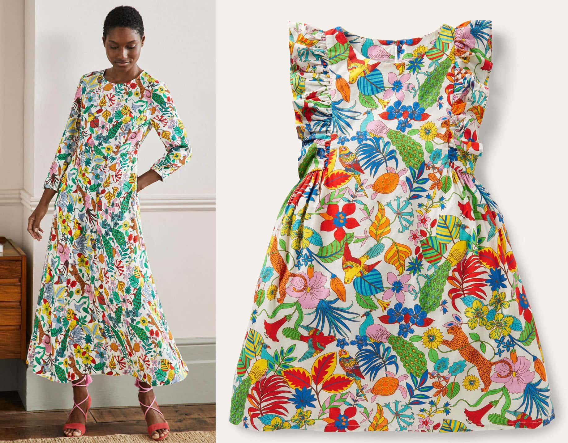 Crew Neck Maxi Dress in Multi, Exotic Paradise; Frill Sleeve Printed Dress in Mini Me Multi Jungle