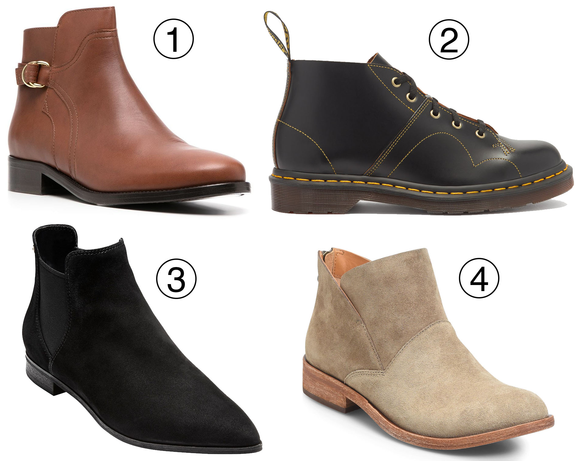 1. Tila March Chelsea ankle boots; 2. Dr. Martens Church leather Monkey boots; 3. Cole Haan Harlyn Suede ankle boots; Kork-Ease Ryder ankle boot