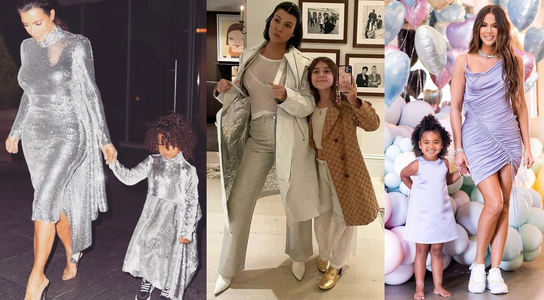 Kim, Kourtney, and Khloe Kardashian matching outfits with their mini-me North, Penelope, and True