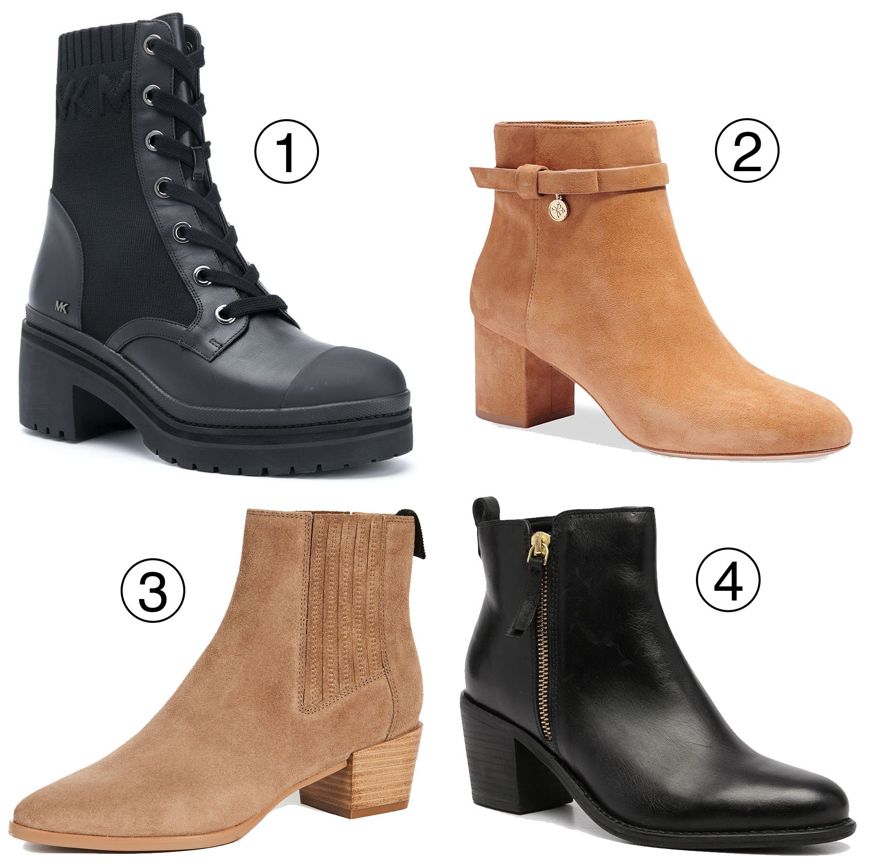 1. MICHAEL Michael Kors knitted-panel ankle boots; 2. Kate Spade New York Delina suede ankle boots; 3. Rag & Bone Rover booties; 4. Carvela Secil ankle boots