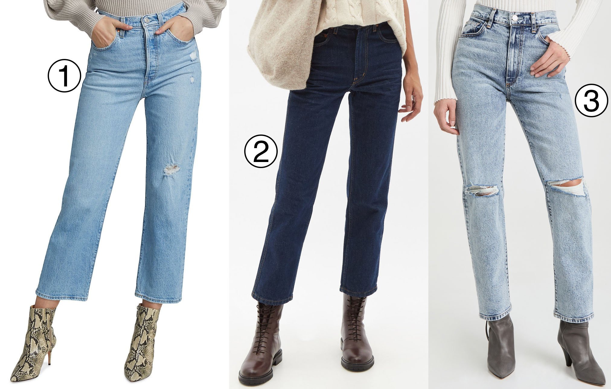 1. Levi's Ribcage straight ankle jeans; 2. B Sides Louis straight-leg jeans; 3. Le Jean Relaxed straight jeans