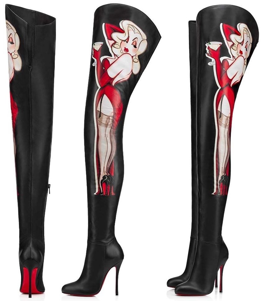 Christian Louboutin's super-elegant Martin Up boot is decorated with a motif inspired by the theme of pin-ups