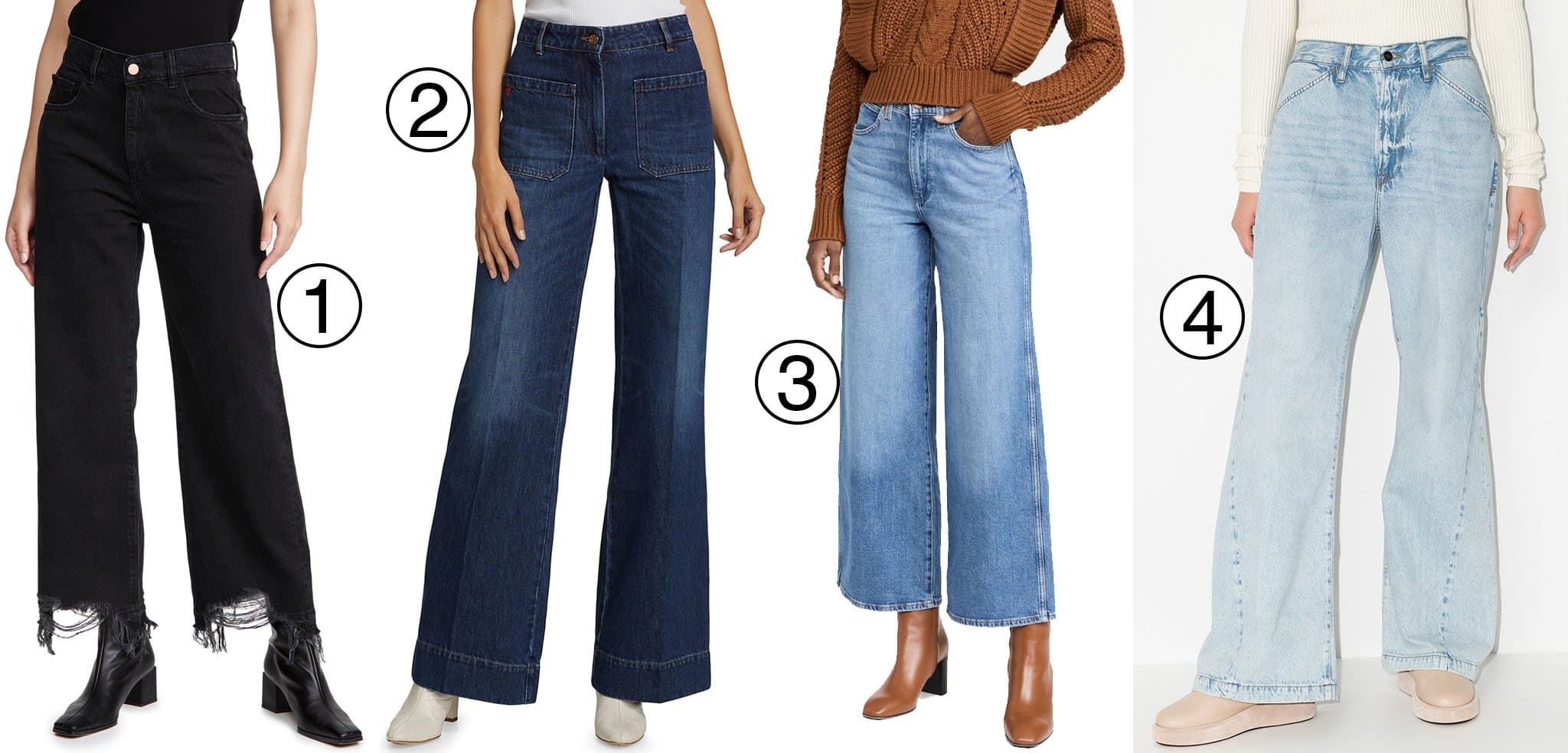 1. DL1961 Hepburn High Rise Wide Leg Jeans; 2. Victoria Beckham Alina Wide-Leg Jeans; 3. Wrangler Heritage World Wide High Rise Wide Leg Jeans; 4. Frame Le Baggy wide-leg jeans