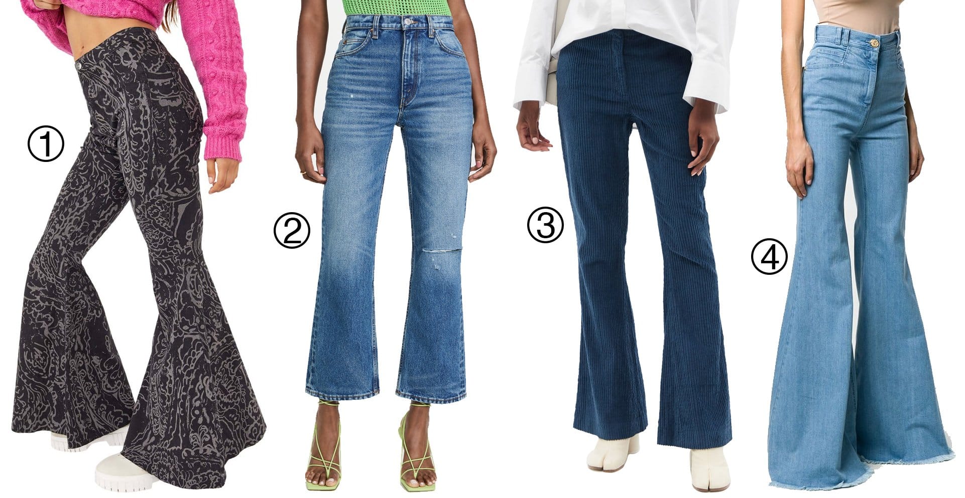 1. Free People Just Float On Geo Flare Jeans; 2. RE/DONE '70s Loose Flare Jeans; 3. Acne Studios Cotton-blend Corduroy Flared-leg Trousers; 4. Balmain Flared Jeans