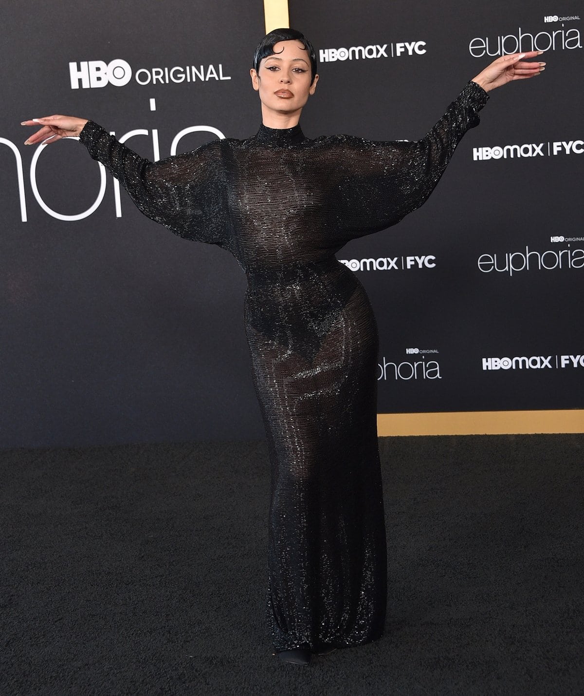 Alexa Demie in a black sheer metallic Norman Norell floor-length dress at HBO Max "Euphoria"