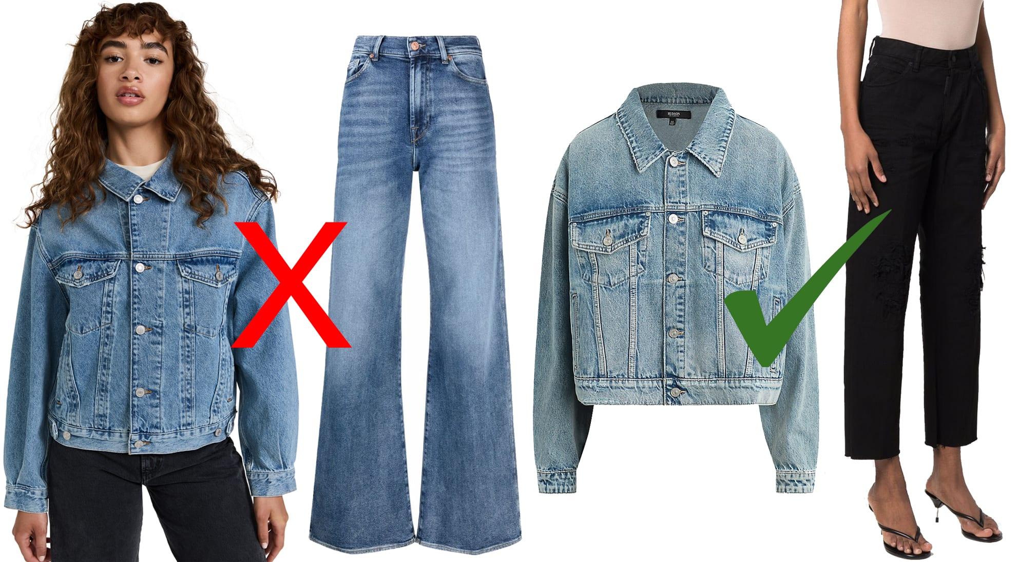 Contrast Mastery: The Hudson Jeans Brea Denim Swing Trucker Jacket paired with Dsquared2's Cropped Denim Jeans, an exemplar of mixing shades in denim-on-denim fashion for a striking visual appeal