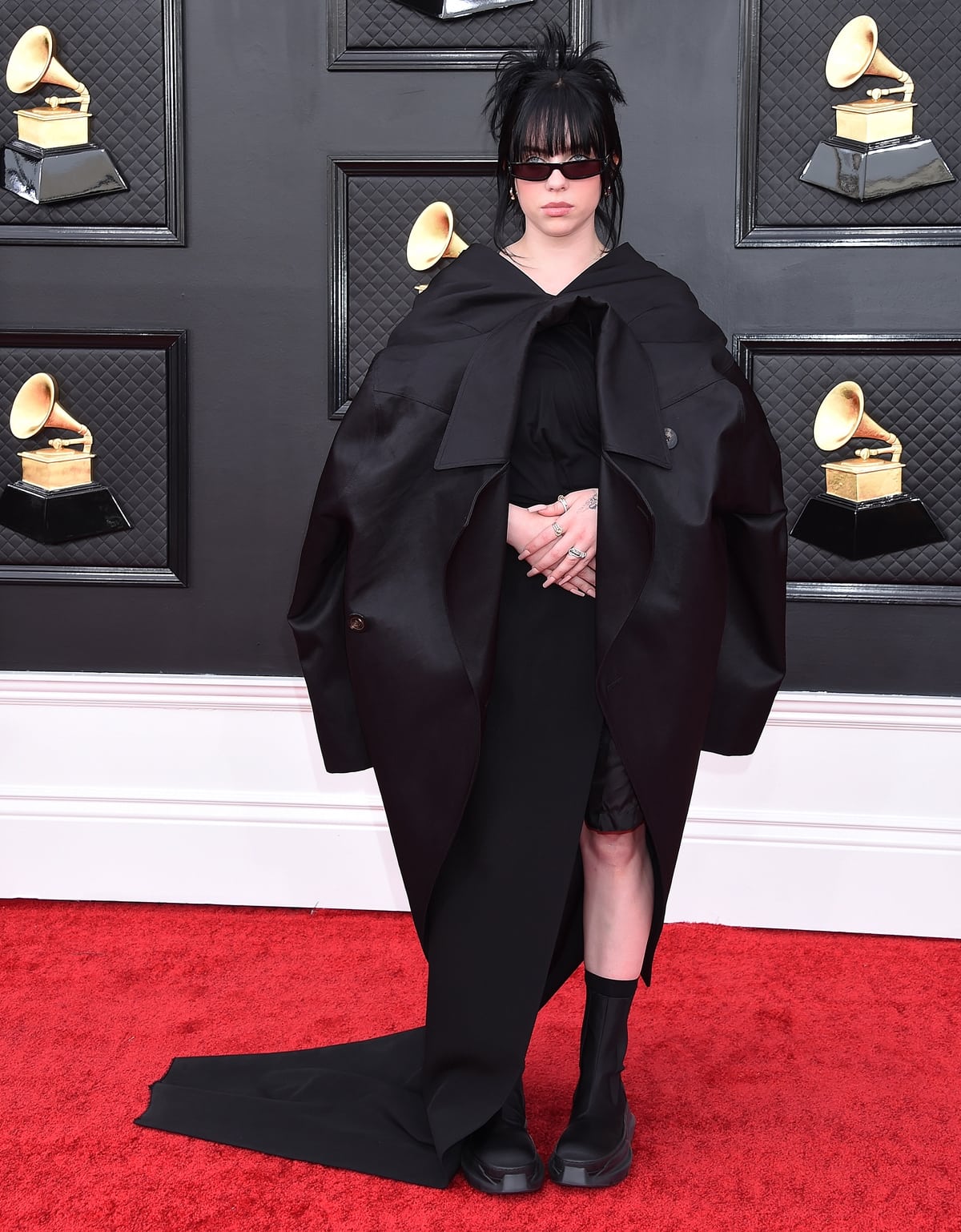 Billie Eilish in a black Rick Owens outfit at the 64th Annual GRAMMY Awards