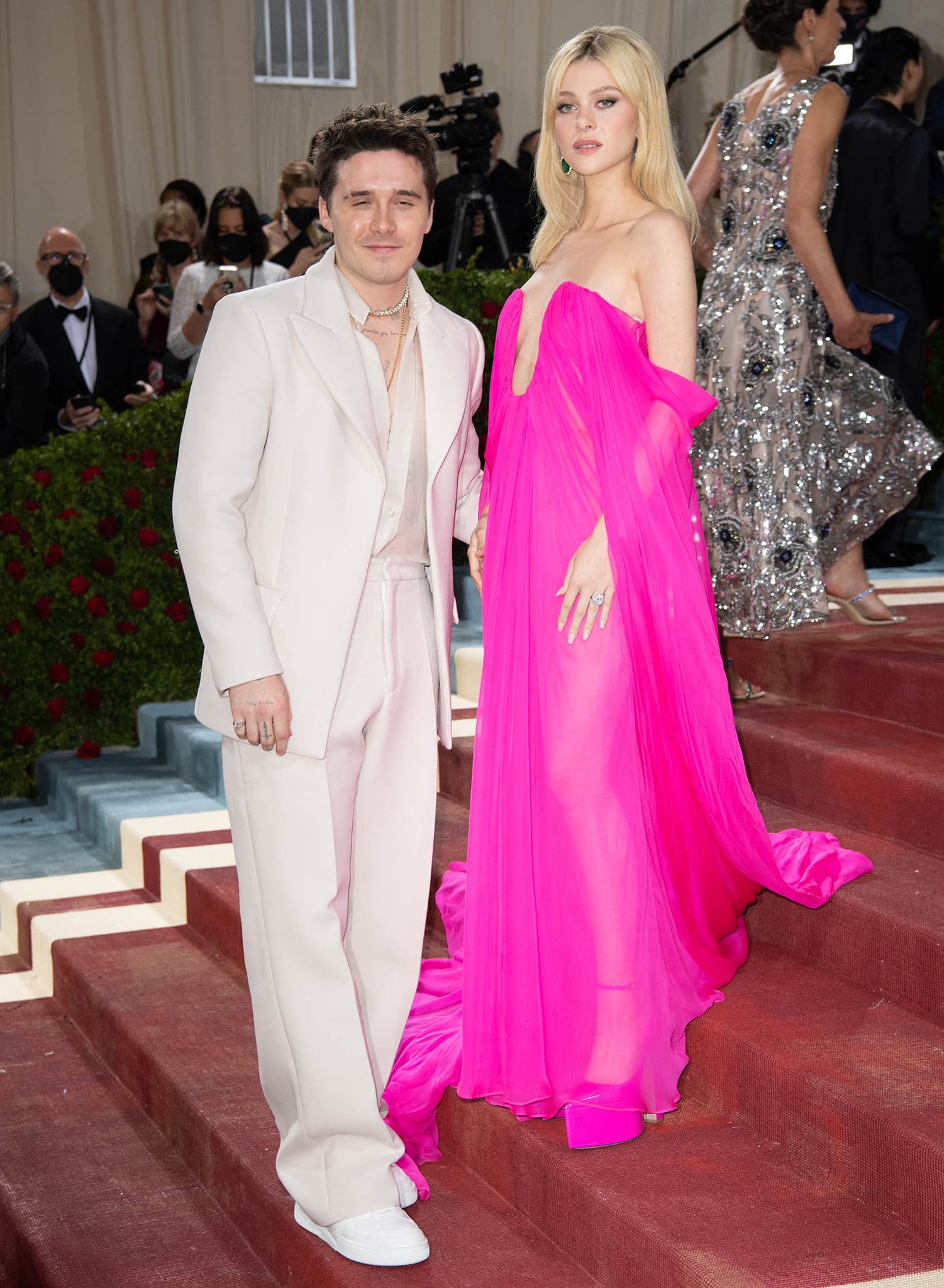 Brooklyn Beckham and wife Nicola Peltz arrive at the 2022 Met Gala in Valentino outfits