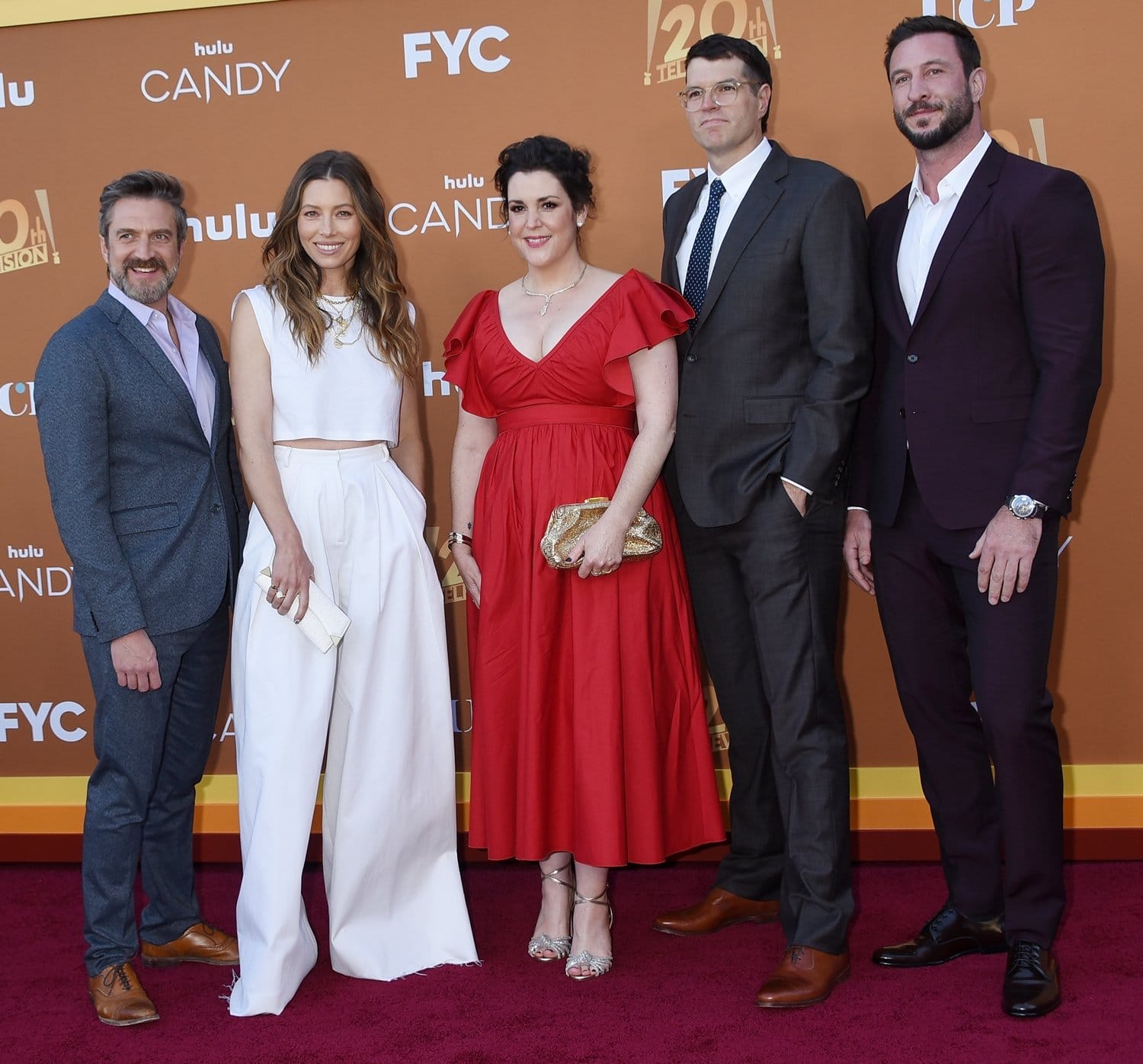 Candy cast members Timothy Simons, Jessica Biel, Melanie Lynskey, Raúl Esparza, and Pablo Schreiber at the premiere of their Hulu crime drama streaming television miniseries