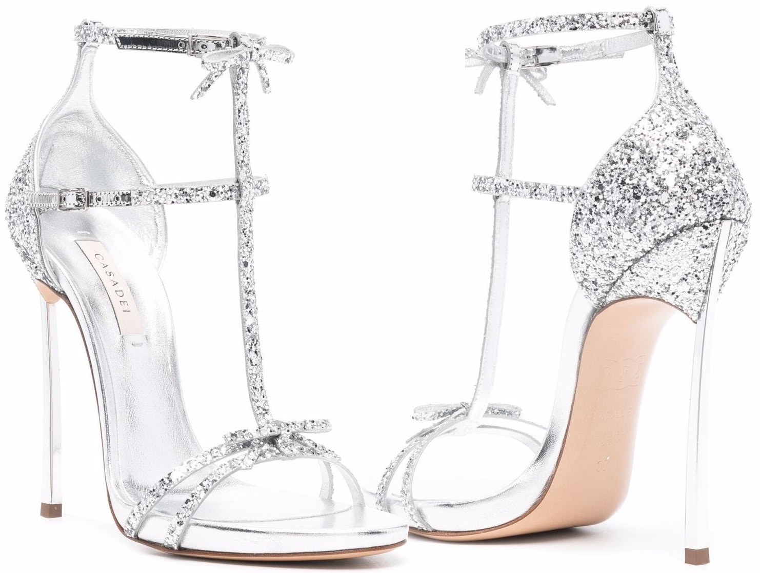 These Casadei sandals feature glittery straps, a bow detail, and the brand's signature Blade heels