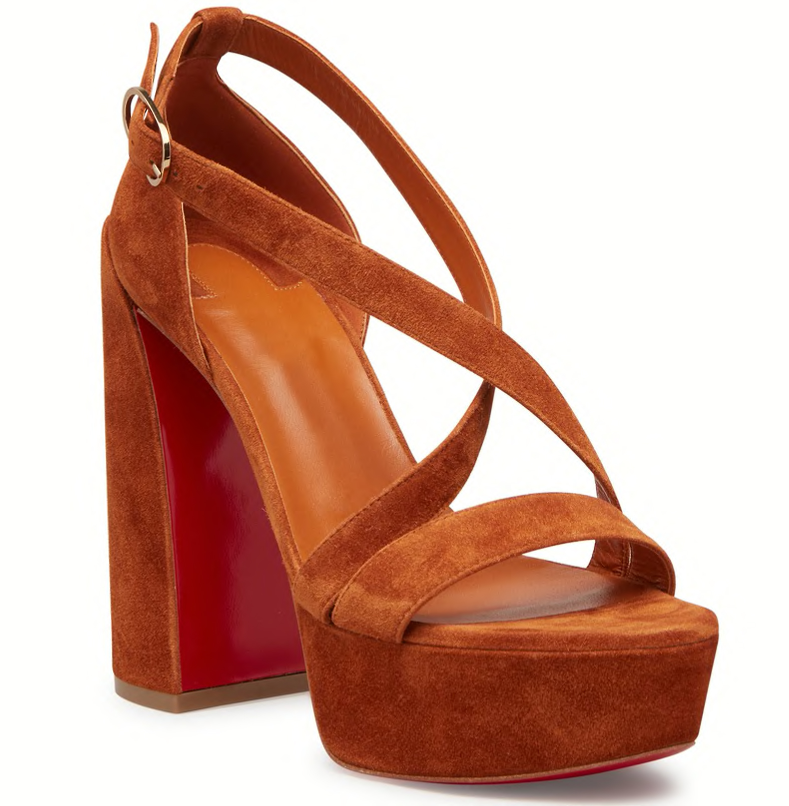 Rendered in supple brown suede, these strappy sandals are defined by a chunky block heel and platform