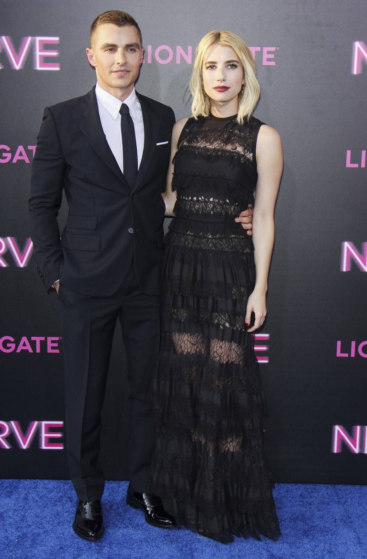 Dave Franco and Emma Roberts in a ruffled Elie Saab gown attend the "Nerve" New York premiere