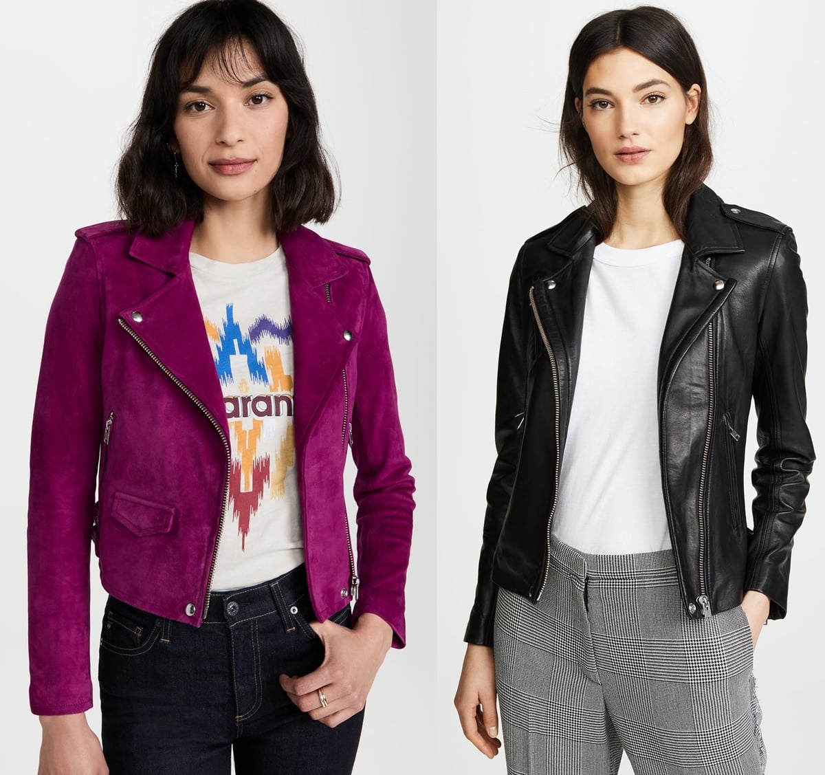 The magenta-purple IRO Ashley jacket and the black leather IRO Han jacket are both made in China