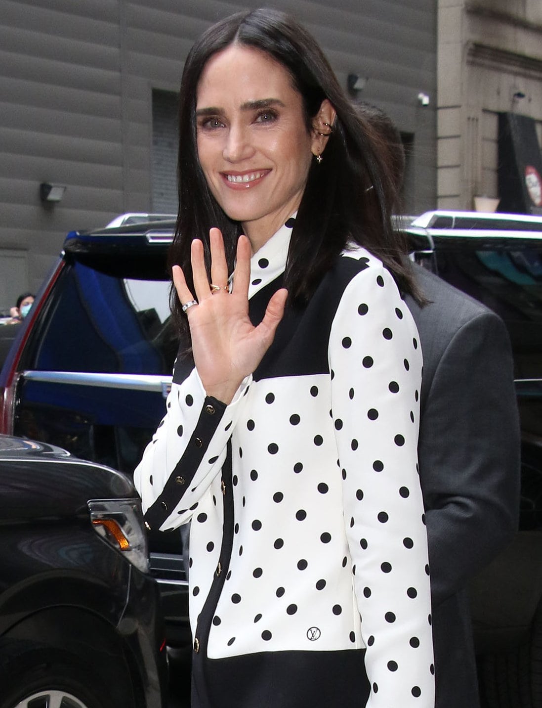 Jennifer Connelly Upgrades Polka Dot Shirt Dress With Block Heel