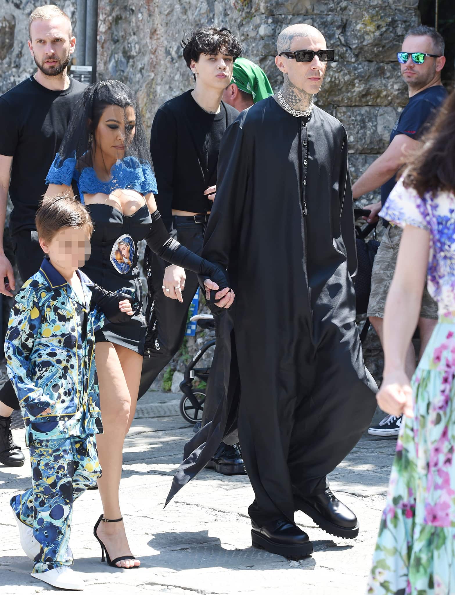 Kourtney Kardashian and Travis Barker board the Regina D’Italia yacht to their pre-nuptial lunch at The Abbey of San Fruttuoso on May 21, 2022