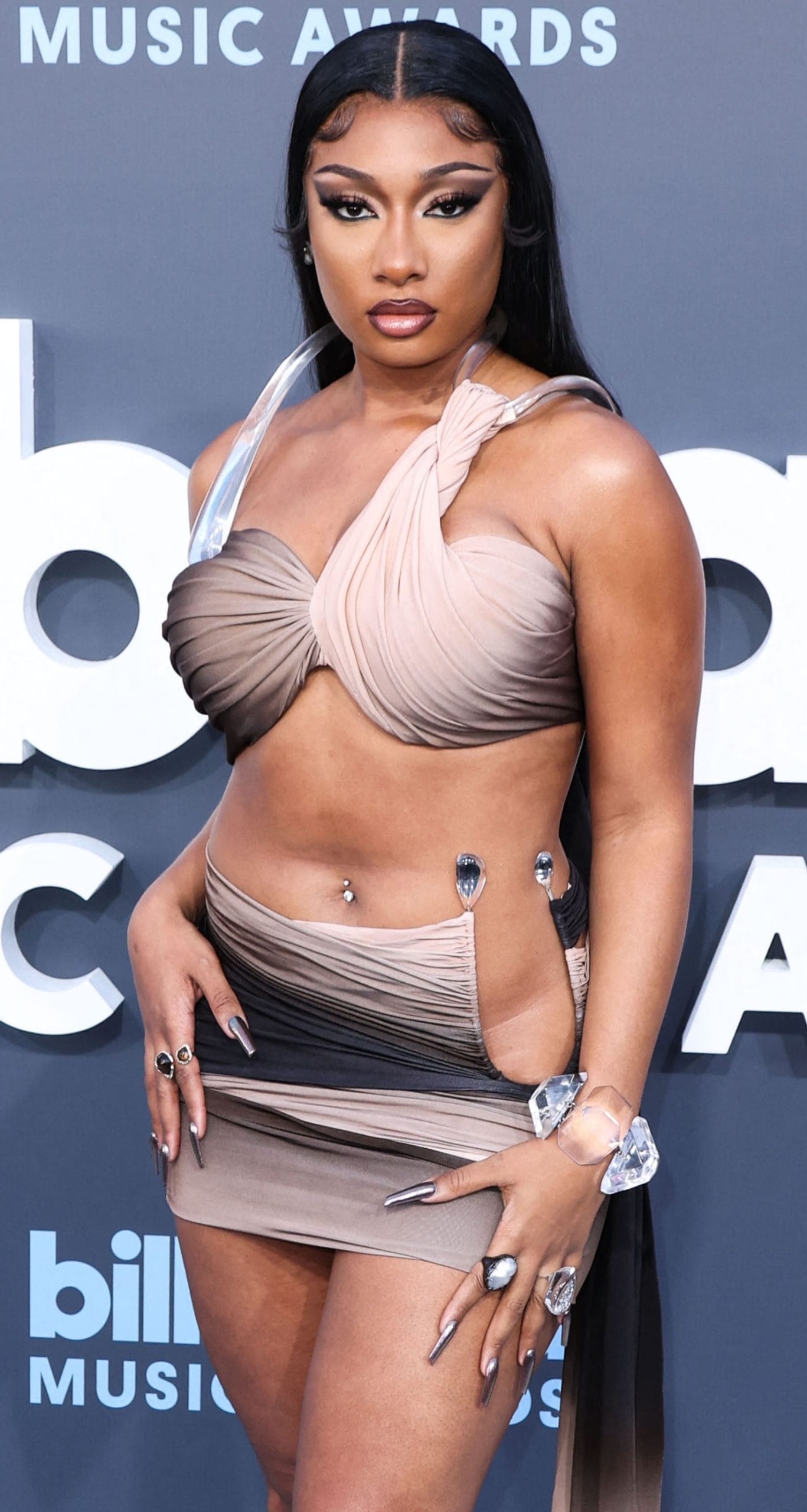 Megan Thee Stallion wore a black and beige Mugler two-piece set