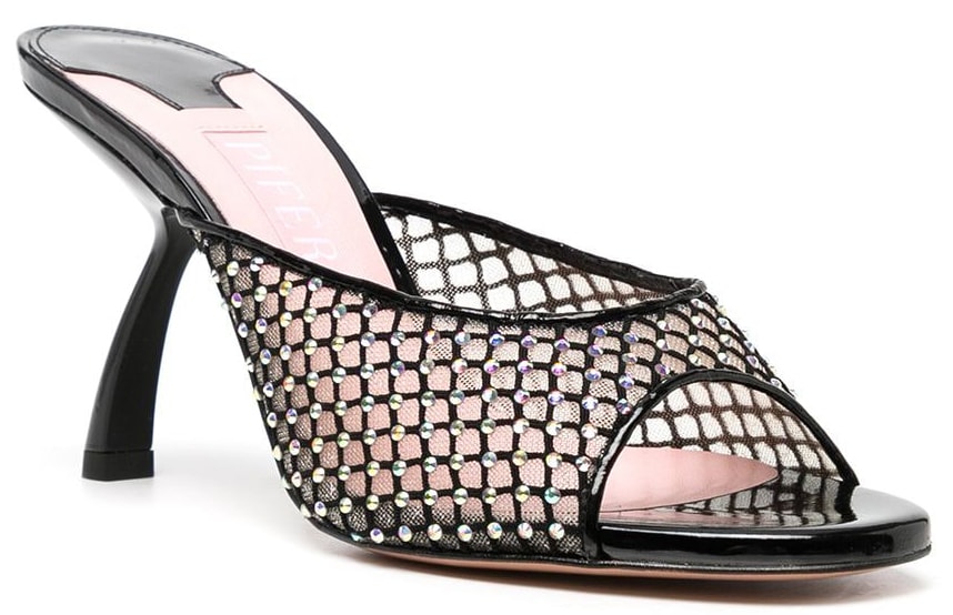 The Tiana mules from vegan label Piferi feature crystal mesh upper and sculpted heels