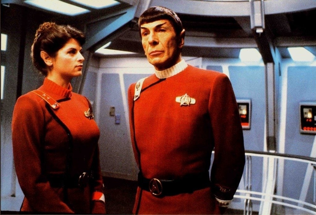 Leonard Nimoy as Spock and Kirstie Alley as Spock's protege and a Starfleet commander-in-training Saavik in the 1982 American science fiction film Star Trek II: The Wrath of Khan
