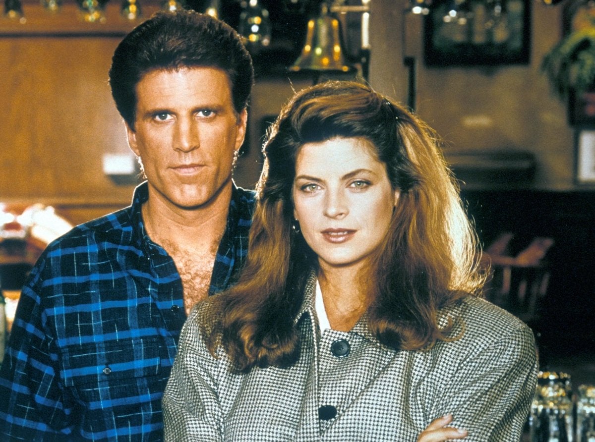 Ted Danson as Sam Malone and Kirstie Alley as Rebecca Howe in the American sitcom television series Cheers