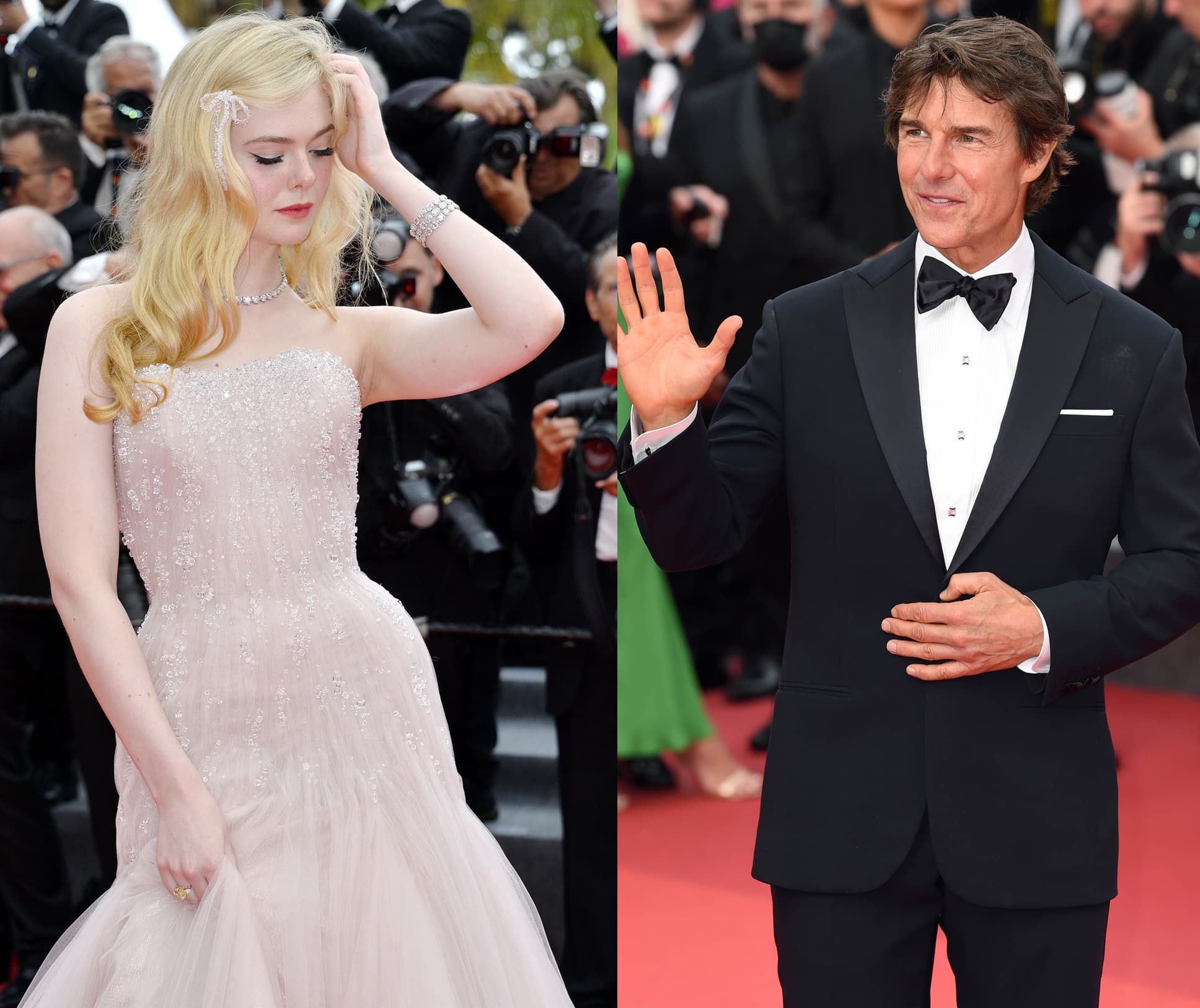 Elle Fanning receives a compliment from Tom Cruise during his speech ahead of the Cannes Film Festival premiere of Top Gun: Maverick