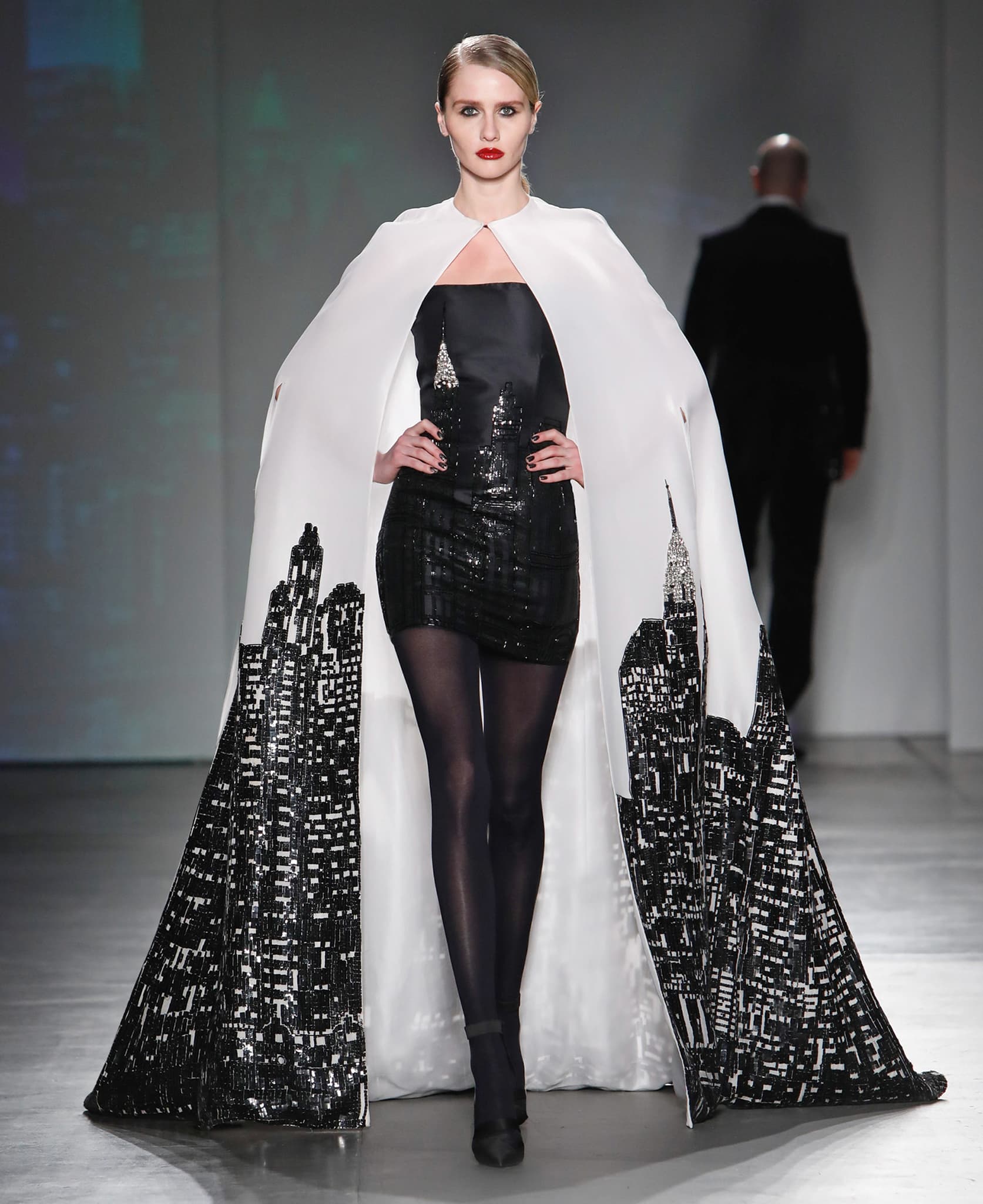 Zang Toi debuted his New York City skyline cape in 2009 and showcased it again at the 2020 New York Fashion Week