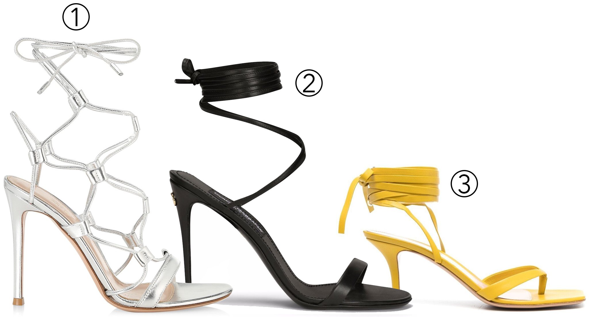 Elegance Wrapped Up: 1. Gianvito Rossi's Giza Nappa sophistication; 2. Ribbon Gladiator's delicate balance; 3. Dolce & Gabbana's stiletto statement