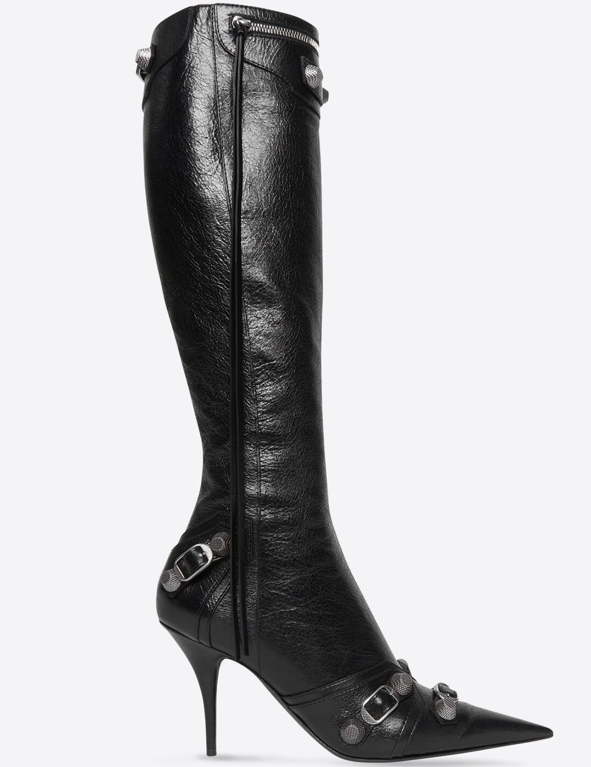 These Balenciaga Cagole boots feature pointed toes, decorative zipper trim, and aged silver hardware