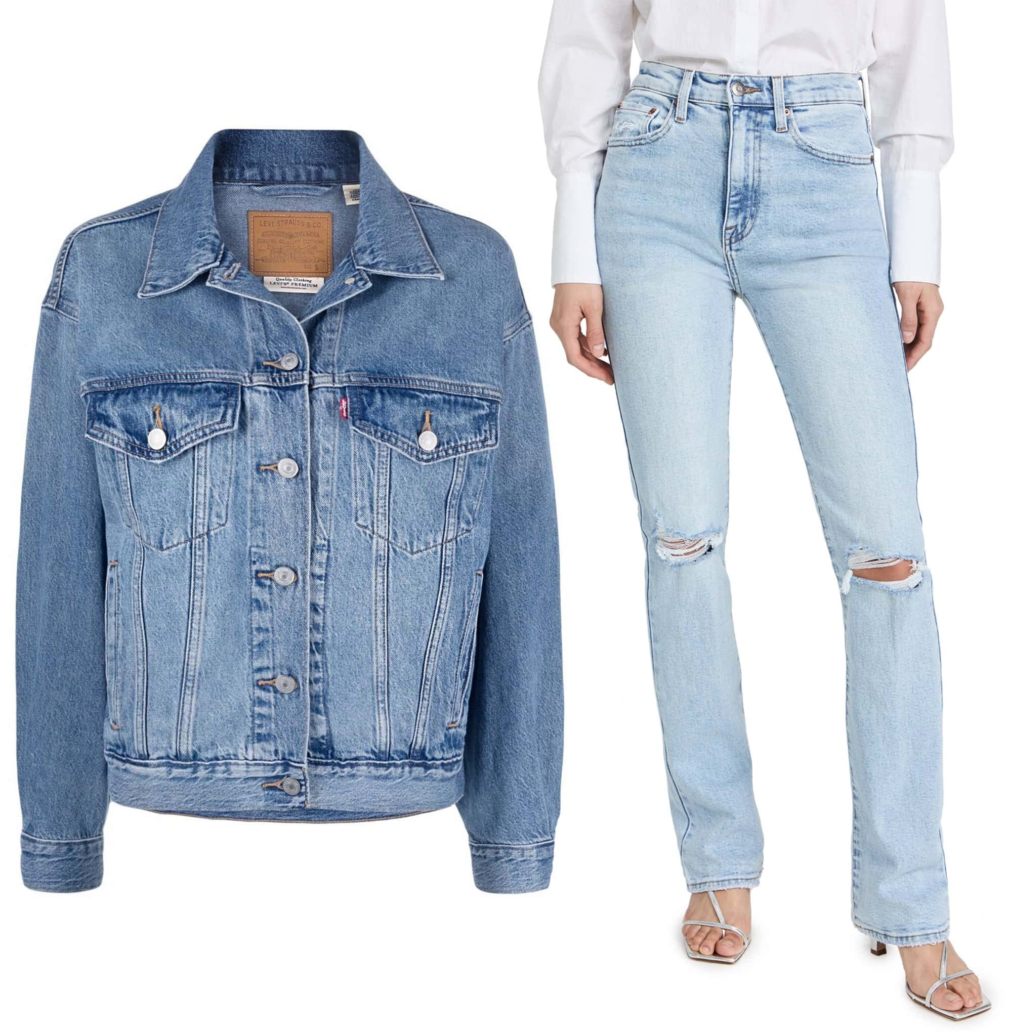 Modern Denim Duo: Featuring Levi's The Original Trucker denim jacket and Pistola Denim's Dana High Rise Boot Cut Jeans, this outfit exemplifies the perfect blend of contemporary fashion with classic denim staples