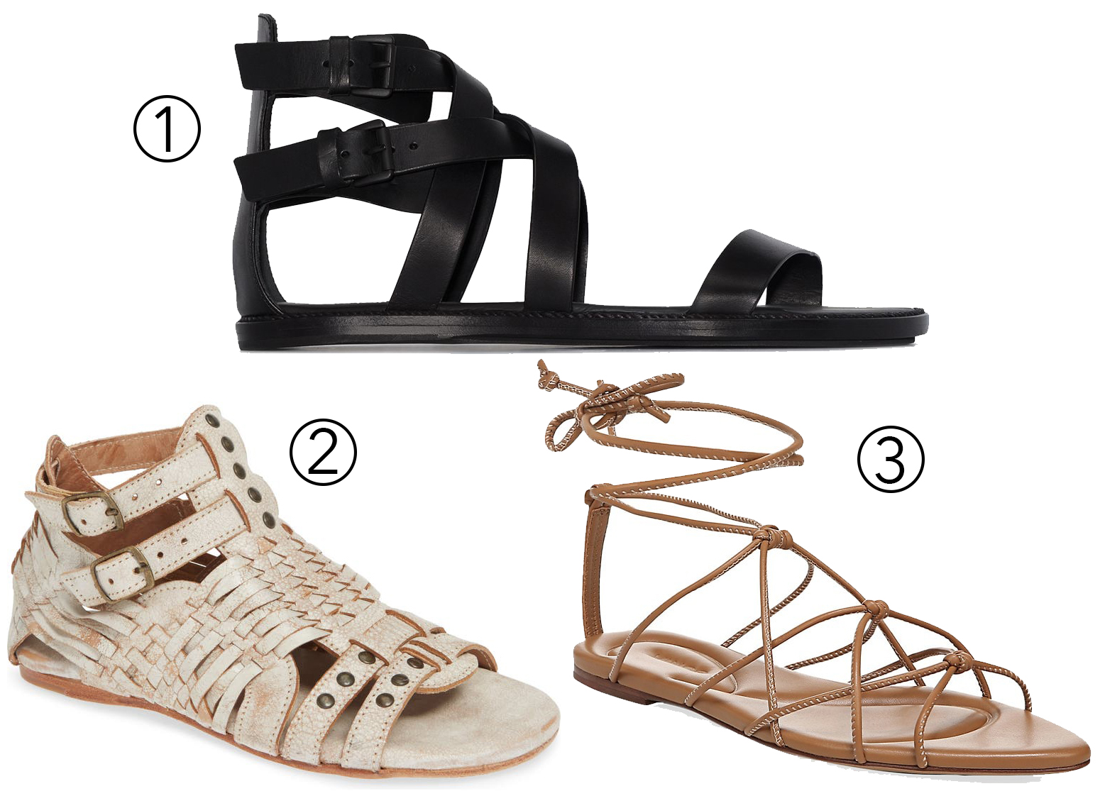 1. Ann Demeulemeester Flat Gladiator Sandals; 2. Bed Stu Claire Woven Gladiator Sandals; 3. Vince Kenna Leather Strappy Ankle-Tie Sandals