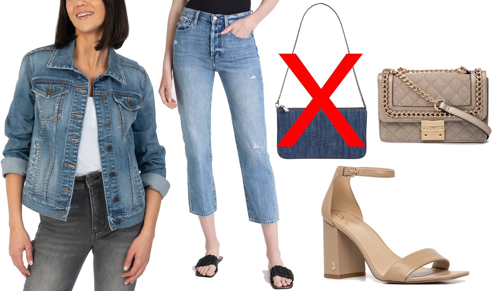 Balanced Denim Bliss: Showcasing Kut from Kloth's Jacqueline Denim Jacket and Pistola Denim's Charlie High Rise Jeans, complemented with a Carvela Bailey quilted shoulder bag and Sam Edelman's open-toe sandals, demonstrating the art of accessorizing a double denim outfit