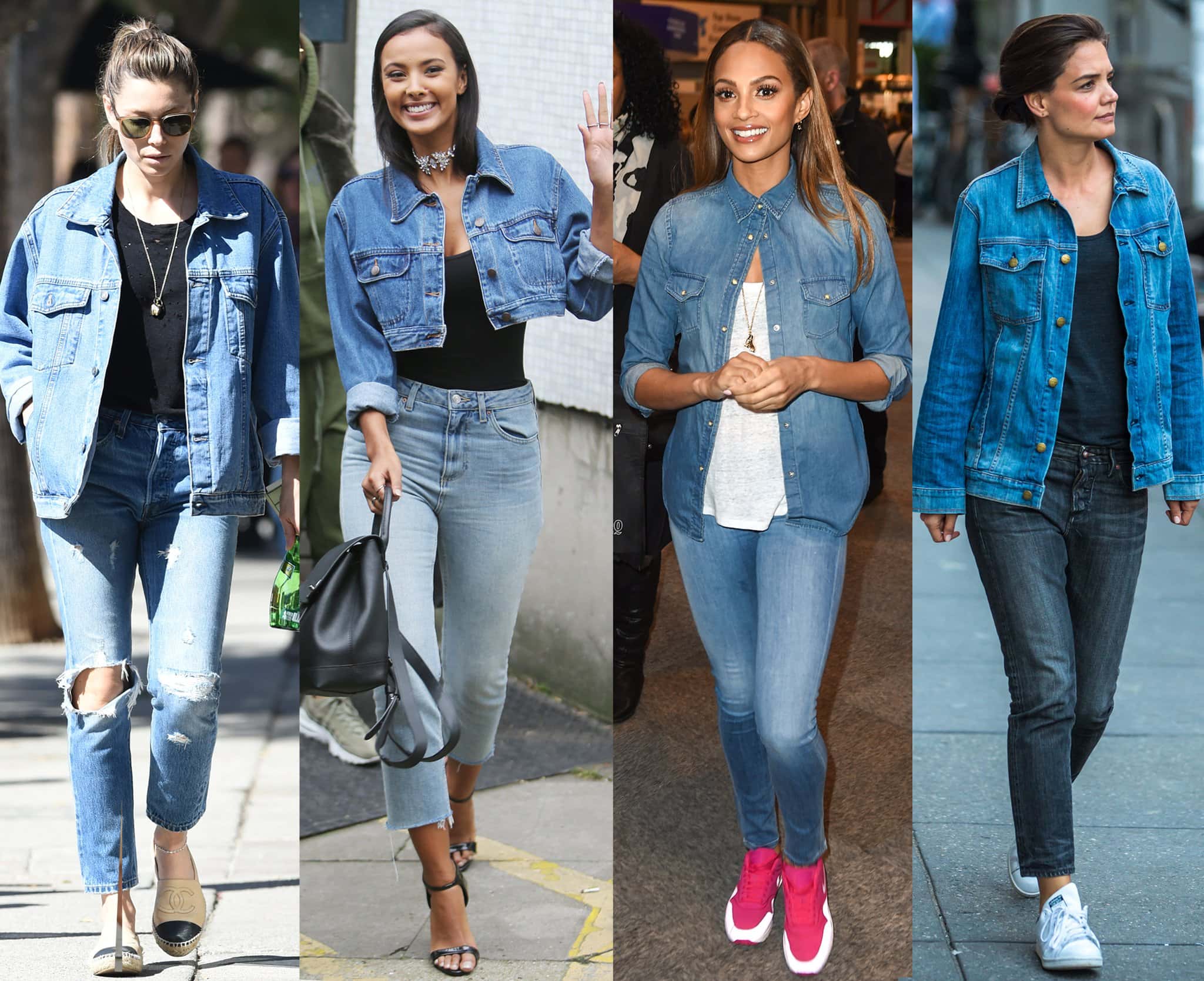Celebrity Style Showcase: Jessica Biel, Maya Jama, Alesha Dixon, and Katie Holmes elegantly demonstrate the versatility of denim jackets paired with jeans, offering inspiration for this timeless fashion combination