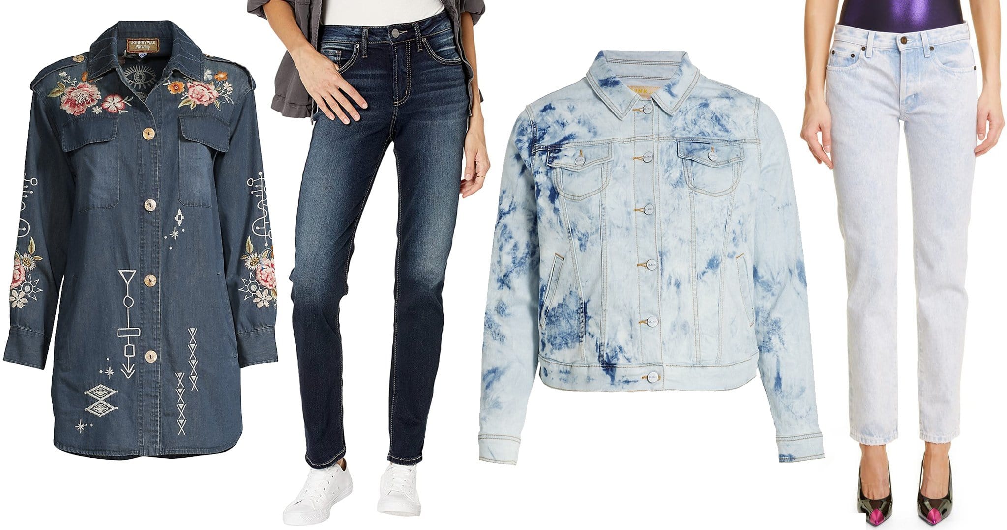 Detailed Denim Delight: From Johnny Was's Umoya Oversized Denim Jacket to Saint Laurent's Colombus Low Rise Nonstretch Denim Jeans, this collage showcases how detailed denim pieces like tie-dye and embroidery can add a unique flair to the denim-on-denim trend