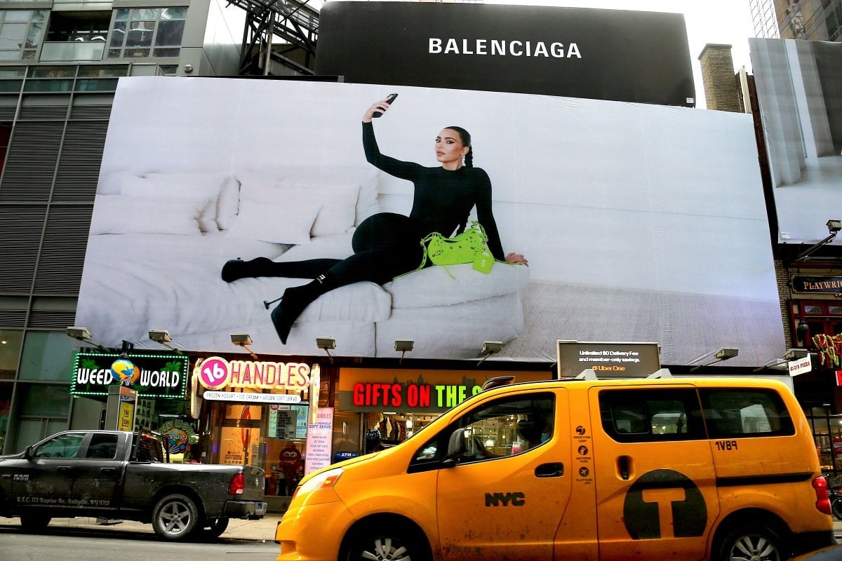 Kim Kardashian appears on a Balenciaga advertising campaign billboard near Times Square in New York City