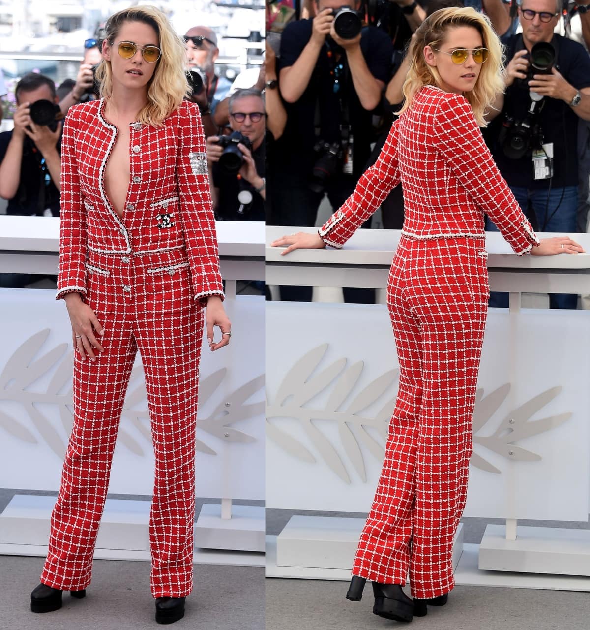 Kristen Stewart in a Chanel Resort 2023 tweed jumpsuit at the "Crimes of the Future" Photocall