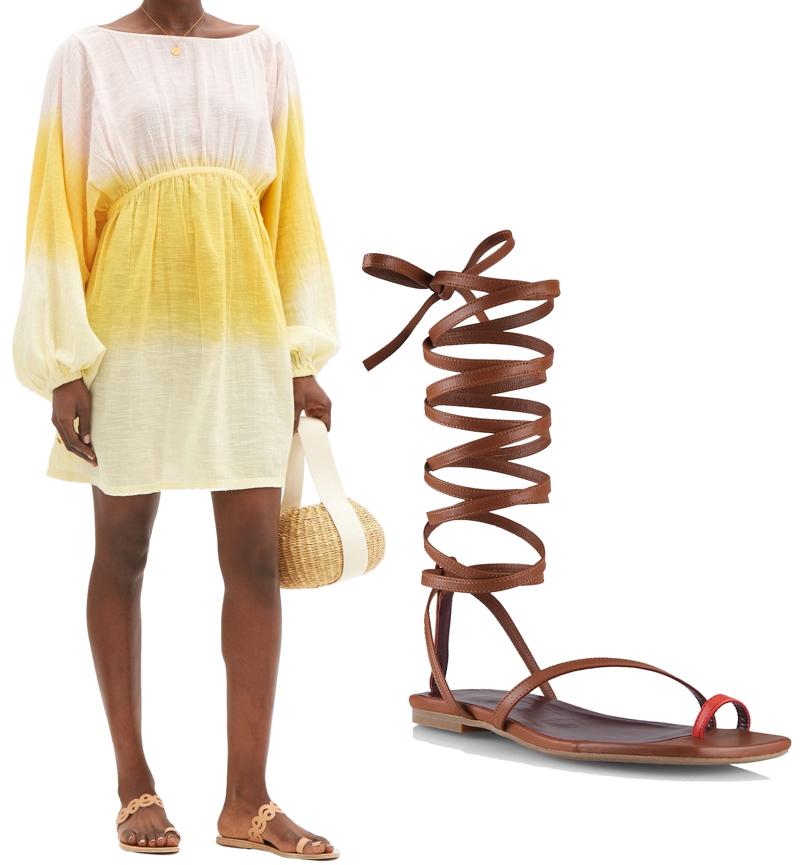 A Symphony in Style: Pairing Anaak's Sofia dip-dyed cotton dress with Staud's Nicola leather gladiator sandals illustrates the effortless elegance and versatility of blending classic footwear with modern fashion