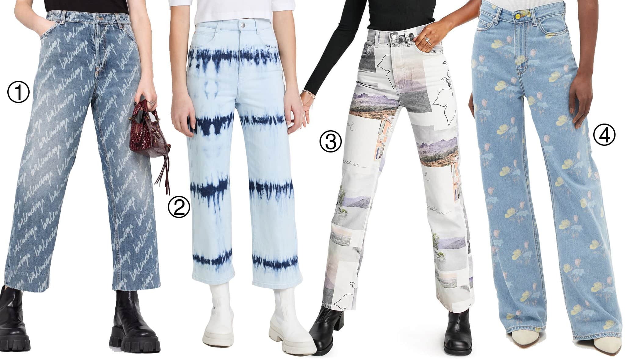 1. Balenciaga Logo Print Cropped Jeans; 2. Stella McCartney Tie Dye High Rise Crop Jeans; 3. Topshop Kort Postcard Print Nonstretch Jeans; 4. Ganni High-rise Floral-print Wide-leg Jeans