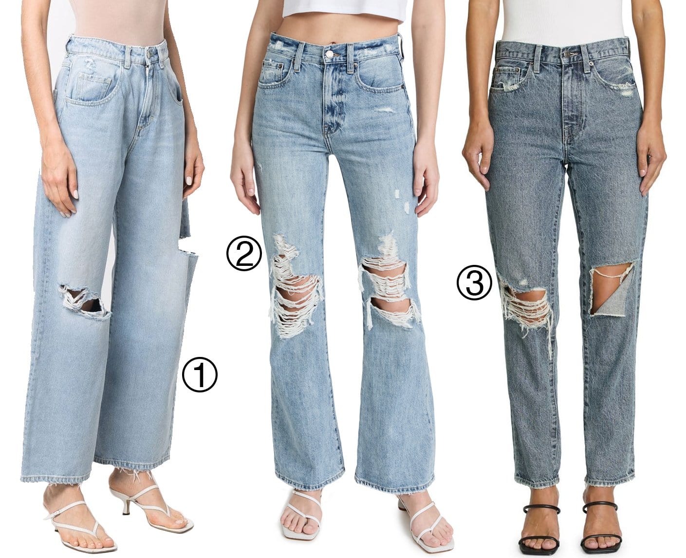 1. Icon Denim Poppy High-waisted Wide Leg Jeans; 2. Pistola Denim Stevie High Rise Flare Jeans; 3. Pistola Presley Ripped Ankle Straight Jeans