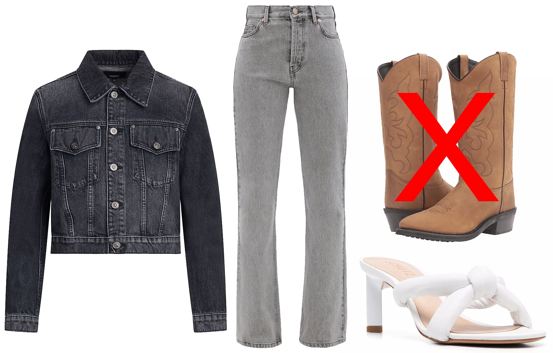 Refined Denim Ensemble: Featuring Hudson Jeans' Gia Cropped Denim Jacket and Raey's Angel Organic-Cotton Bootcut Jeans, finished with Schutz's open-toe heeled sandals, this look steers clear of the Wild West cliché, embracing a more modern, chic interpretation of denim-on-denim