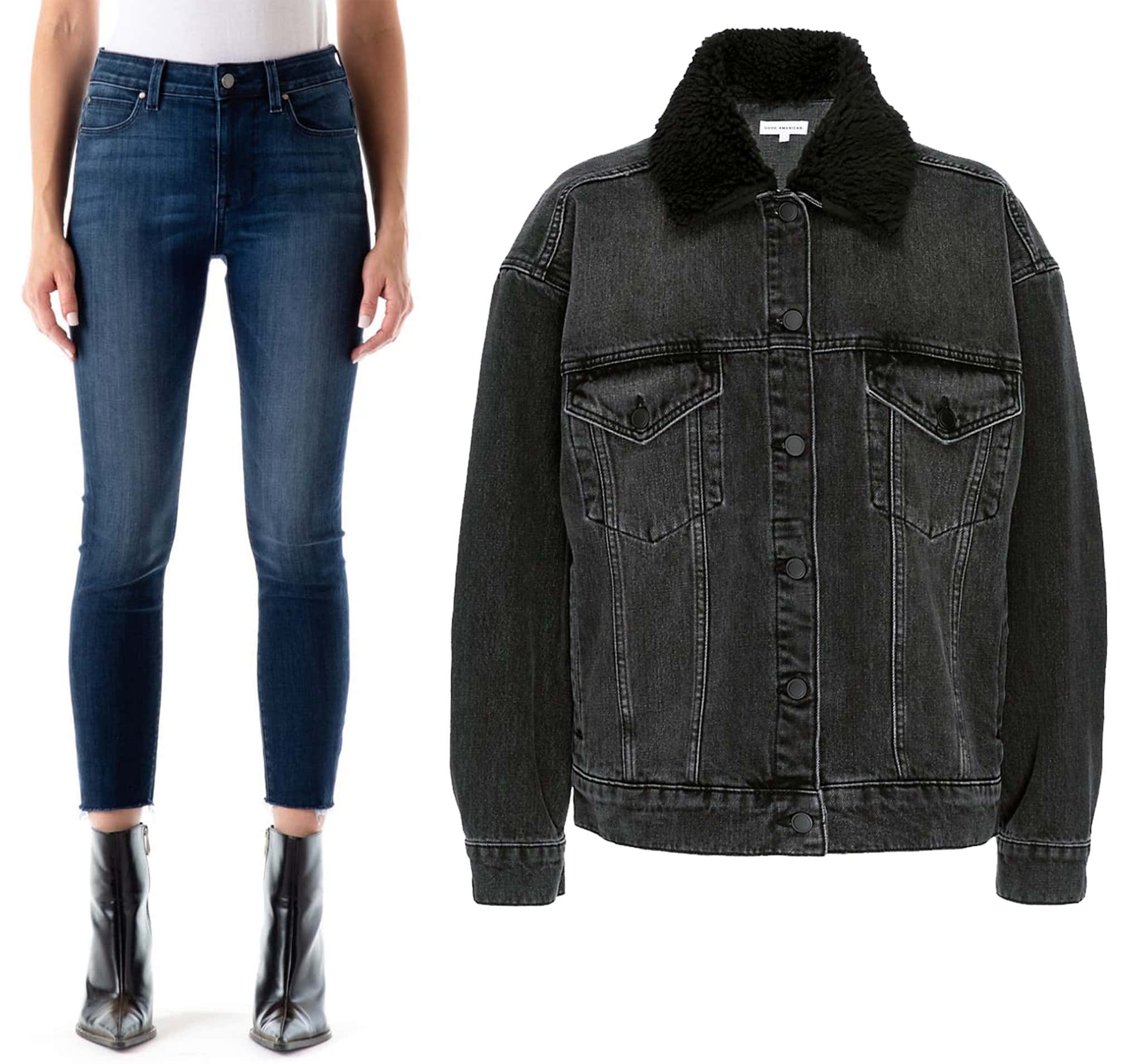 Sleek and Stylish: Fidelity Denim's Gwen High Waist Crop Skinny Jeans paired with the Good American Good Oversized Trucker Jacket, showcasing a trendy and flattering denim-on-denim look tailored for diverse body types