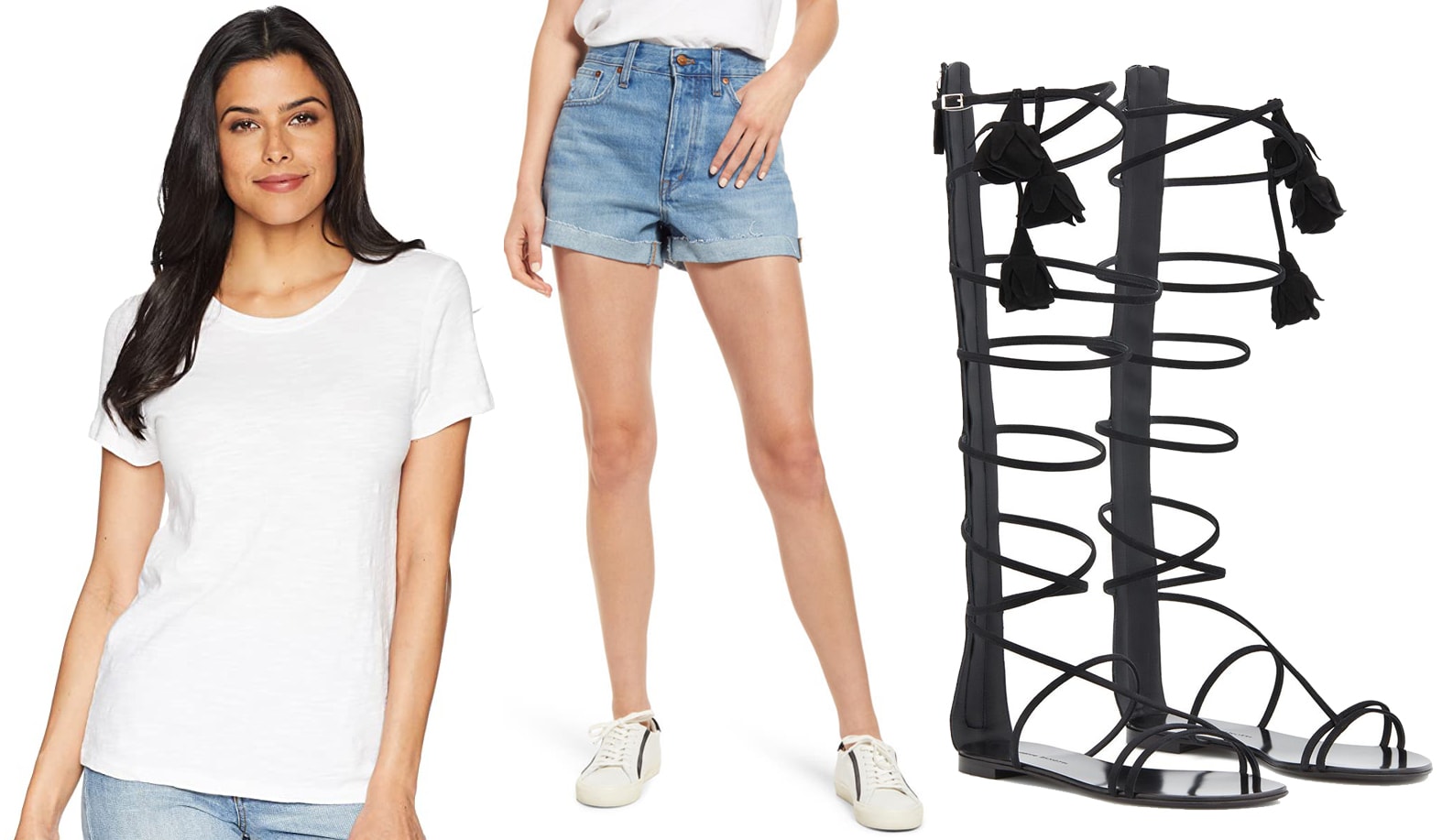 Casual Chic Redefined: The combination of Lilla P's comfy tee, Madewell's denim shorts, and Giuseppe Zanotti's Danse Du Feu gladiator sandals offers a flawless formula for laid-back summer elegance